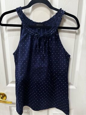 Ava & Grace Navy Polka Dot Halter Tank with Tie Neck